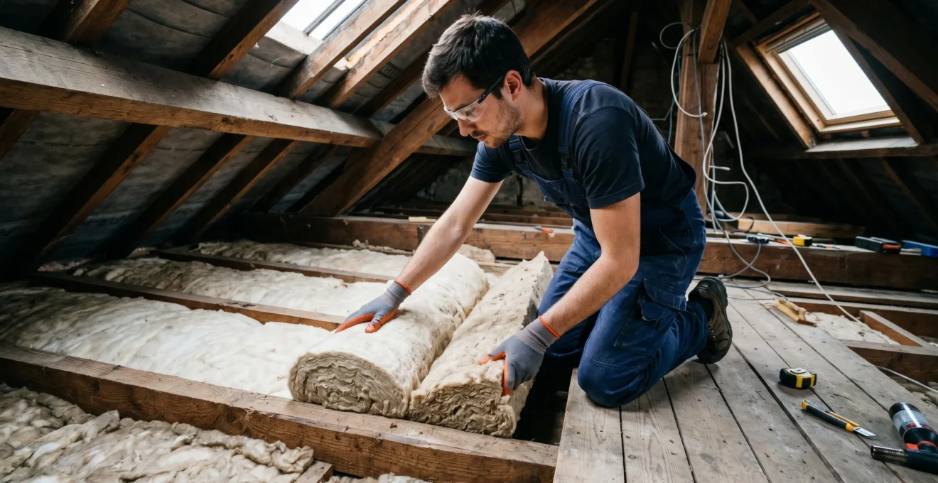 Artisan posant de l'isolation thermique en laine minérale dans les combles d'une habitation pour réduire les déperditions énergétiques