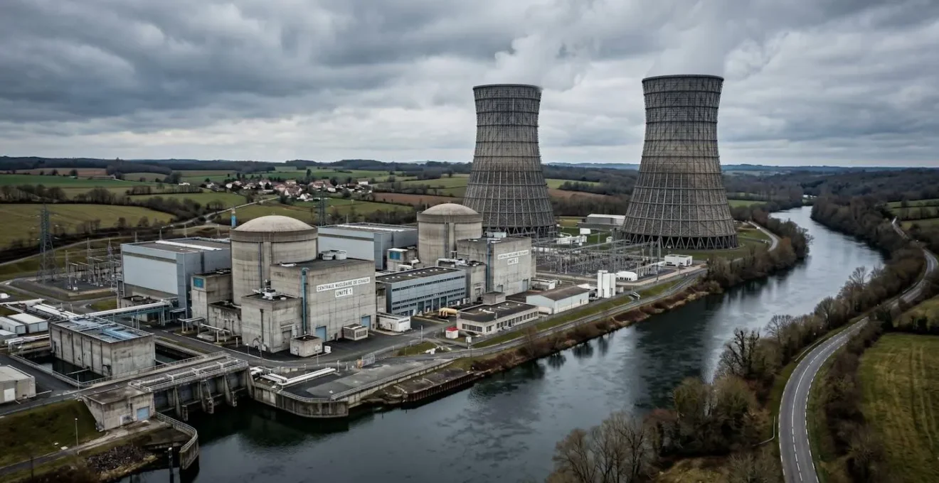 Centrale nucléaire française avec tours de refroidissement en bord de rivière, infrastructure de production électrique