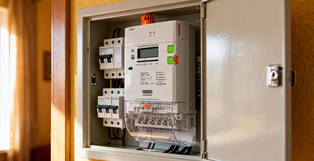 Technicien professionnel installant un compteur électrique intelligent Linky sur un tableau électrique résidentiel en France