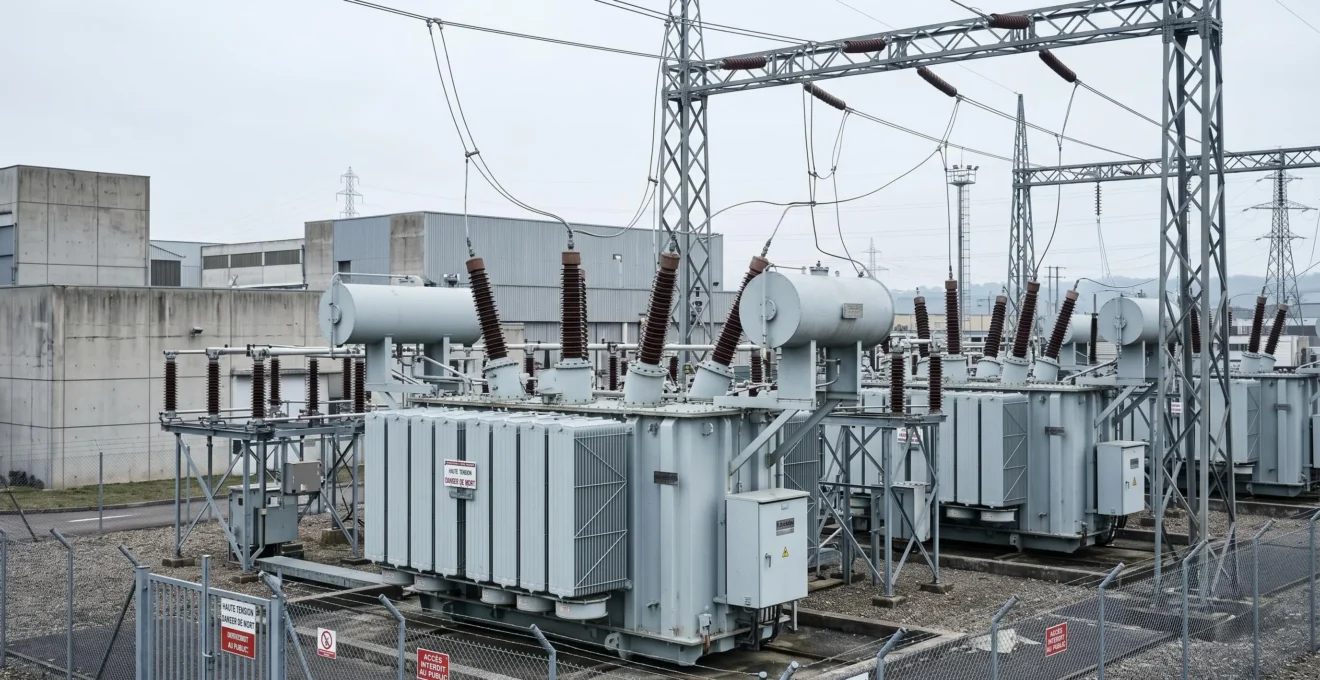 Poste de transformation électrique haute tension dans une zone industrielle française, avec transformateurs et isolateurs en céramique sous ciel nuageux