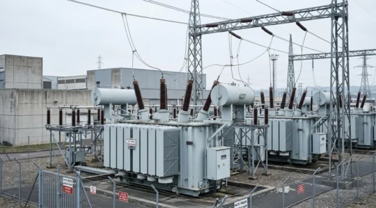 Poste de transformation électrique haute tension dans une zone industrielle française, avec transformateurs et isolateurs en céramique sous ciel nuageux