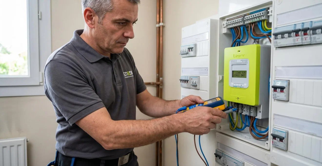 Technicien professionnel installant un compteur électrique intelligent Linky sur un tableau électrique résidentiel en France